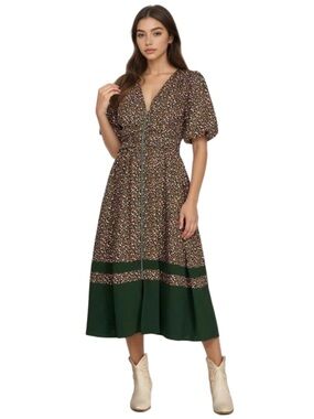 She + Sky Brown Floral Midi Dress with Dark Green Hem